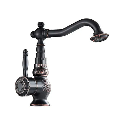DecorBites™ antique brass bathroom sink faucet mixer in black brass with floral engraving and rose gold accent
