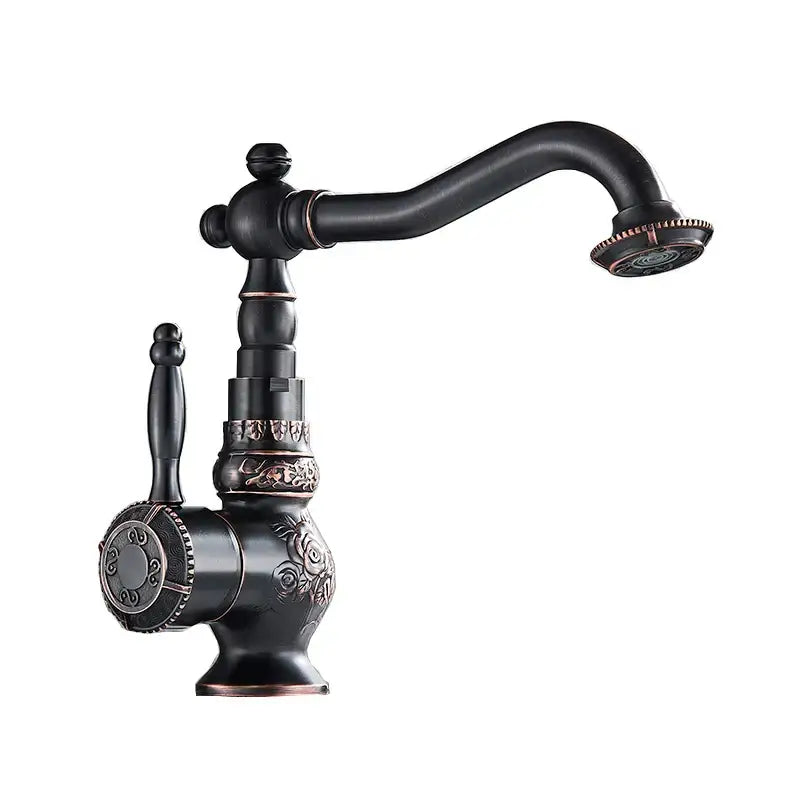 DecorBites™ antique brass bathroom sink faucet mixer in black brass with floral engraving and rose gold accent