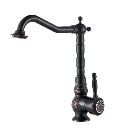 DecorBites™ antique brass bathroom sink faucet mixer with ornate rose engraving and curved spout in black finish
