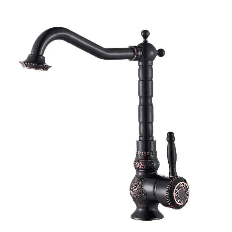 DecorBites™ antique brass bathroom sink faucet mixer with ornate rose engraving and curved spout in black finish