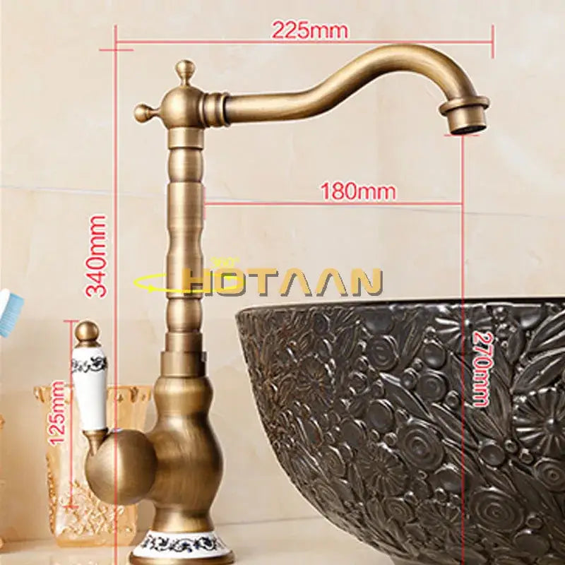 DecorBites antique brass bathroom sink faucet single handle deck mounted brass mixer with ornate fluted spout and base