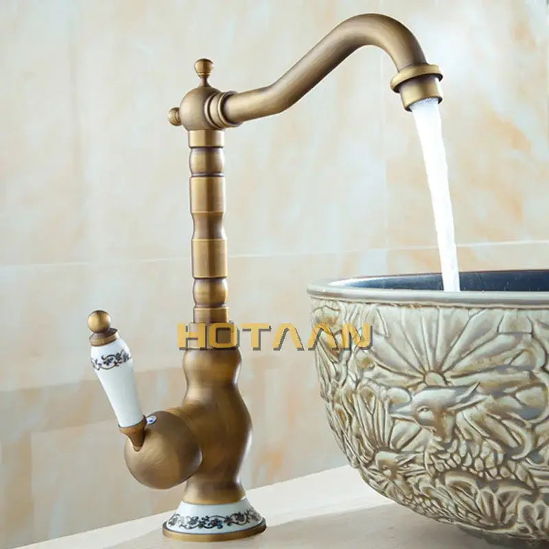 Decorbites antique brass bathroom sink faucet with white ceramic handle and blue floral patterns single handle deck mounted