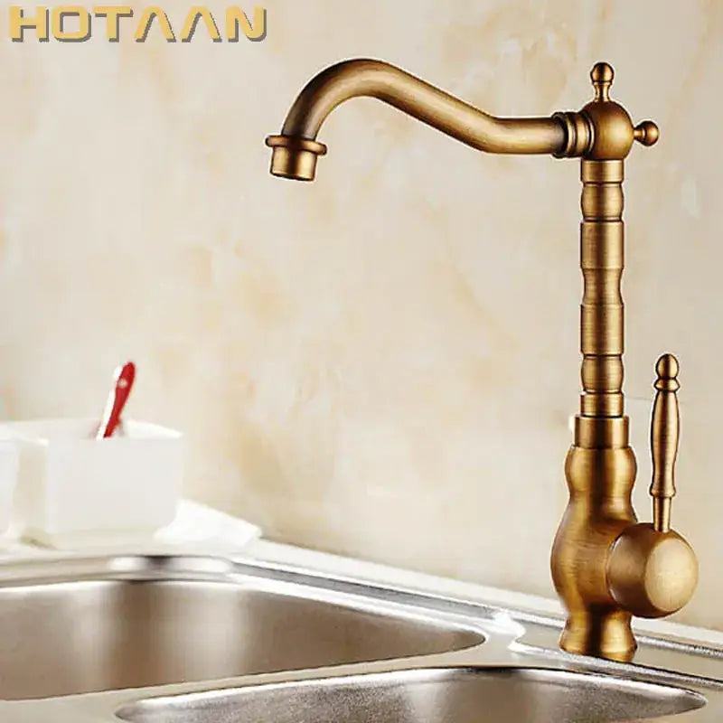 DecorBites antique brass bathroom sink faucet with single handle and ornate curved spout in brass bathroom sink style