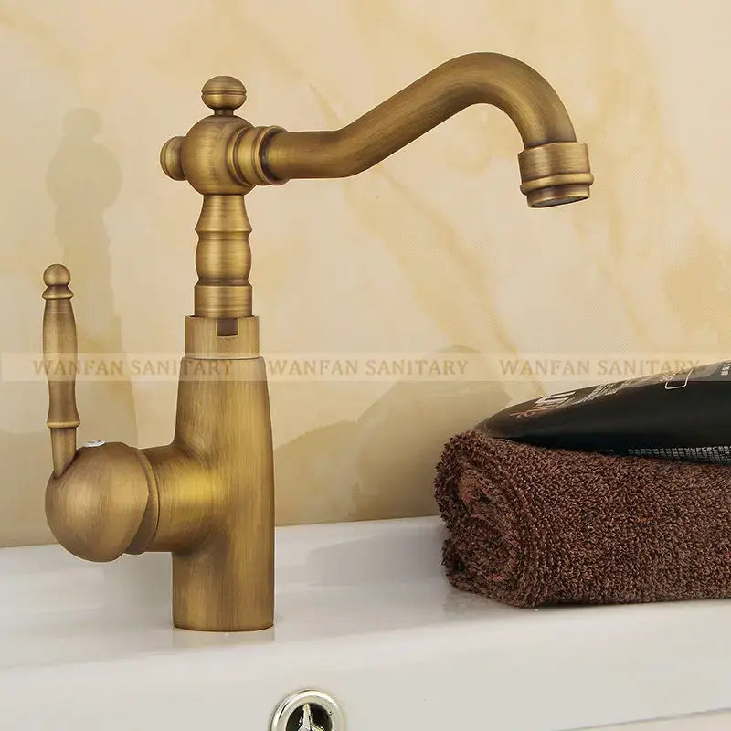 Antique brass bathroom sink faucet by decorbites with vintage ornate design and curved swivel spout single handle mixer tap