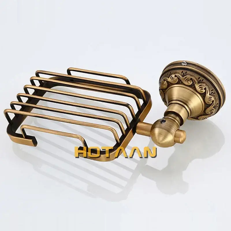 Decorbites antique brass soap dish holder with ornate scrollwork and curved bars for bathroom wall mount use