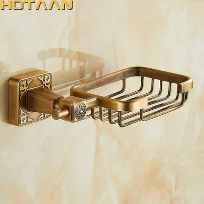 Decorbites antique brass soap dish holder with ornate floral brass-finished mounting plate and rectangular wire basket