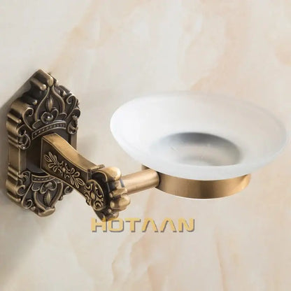 Decorbites™ antique brass bathroom wall-mounted soap dish with ornate floral aluminum holder and frosted glass bowl