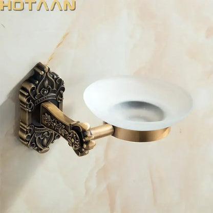 DecorBites antique brass bathroom soap dish wall mounted with ornate scrollwork and frosted glass bowl