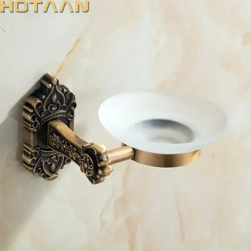 DecorBites antique brass bathroom soap dish wall mounted with ornate scrollwork and frosted glass bowl