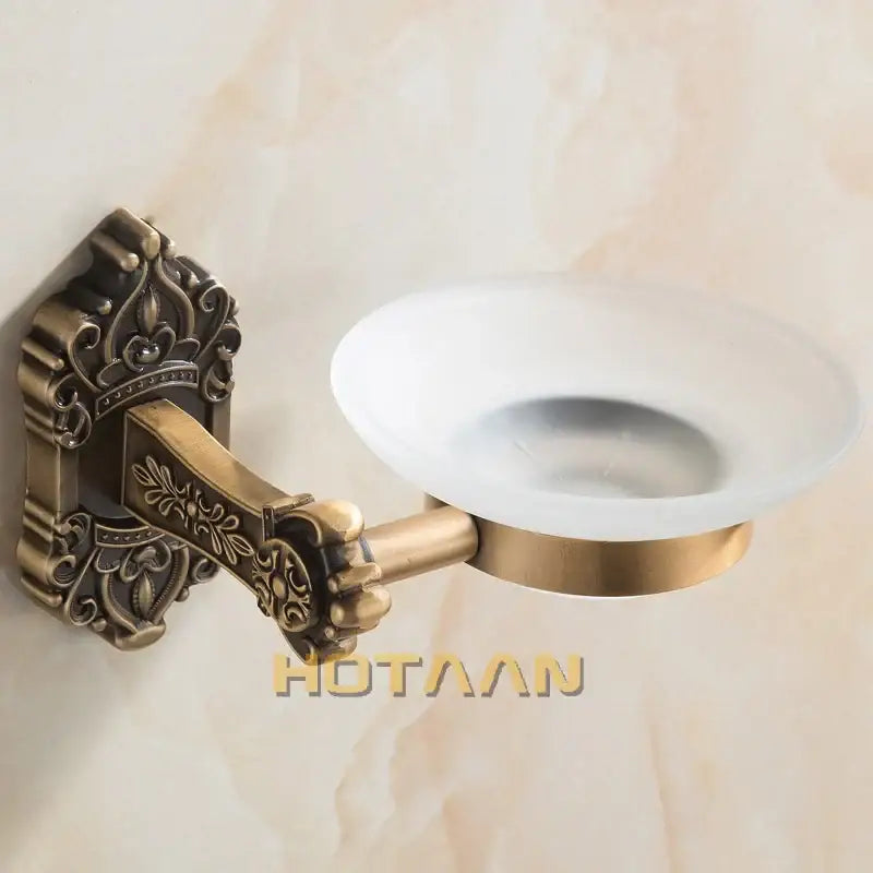 DecorBites antique brass bathroom soap dish wall mounted with ornate floral detailing and frosted glass bowl