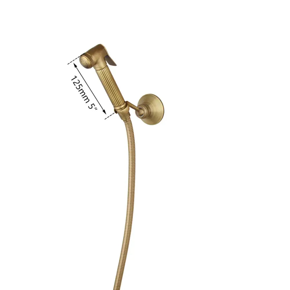 Gold-colored brass bidet faucet wall mount with ribbed handheld showerhead and flexible hose antique brass bidet accessory