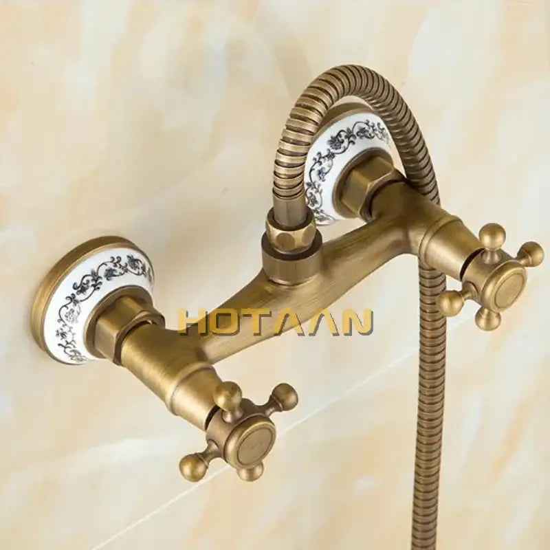 Decorbites antique brass bidet faucet with decorative white ceramic knobs and flexible bronze shower head for anal cleaning
