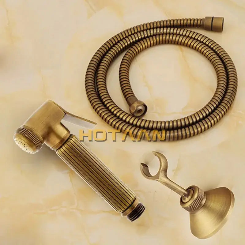 Antique brass bidet faucet handheld shower sprayer with ribbed hose and mounting bracket for anal cleaning use
