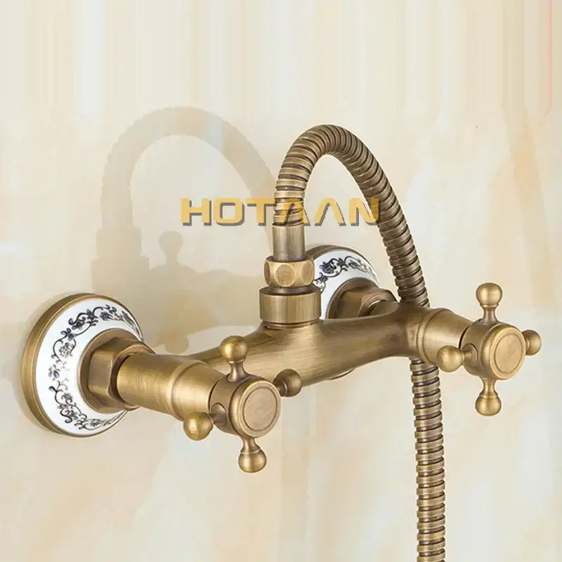 Decorbites antique brass bidet faucet with ornate white ceramic knobs and flexible braided hose for anal cleaning