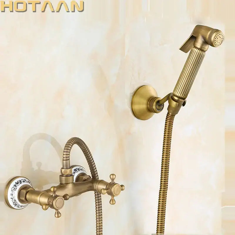 Antique brass bidet faucet set by decorbites with porcelain knobs and handheld sprayer for anal cleaning use
