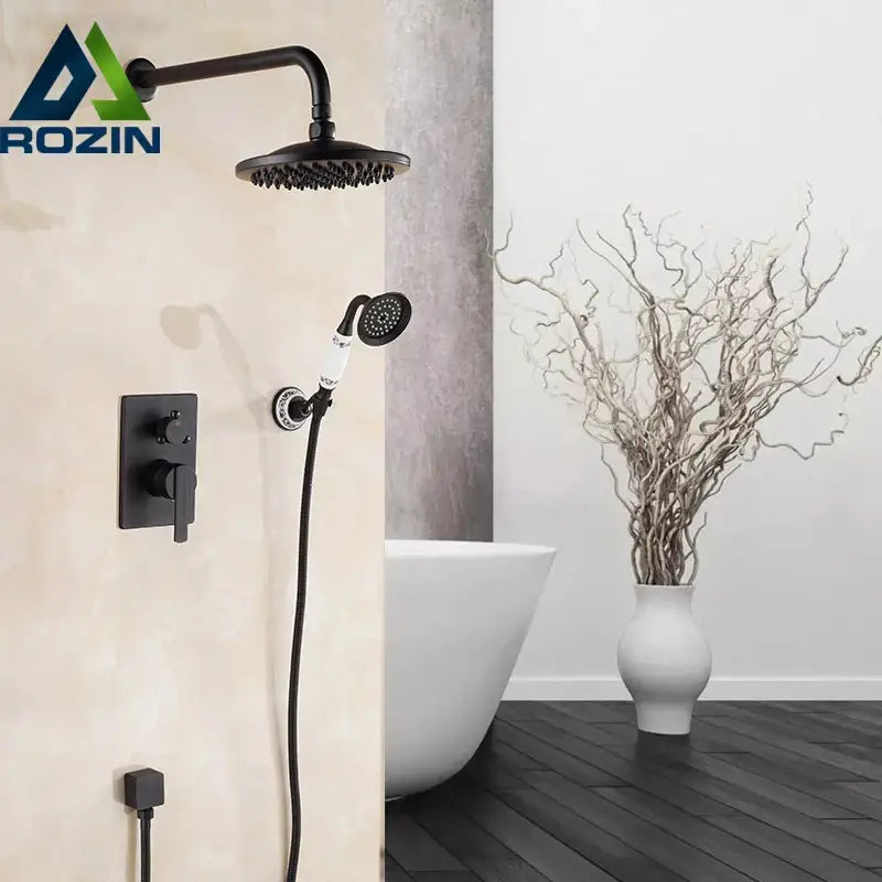 Decorbites antique brass black 8 inch rainfall shower set with black matte rozin finish overhead rainhead and handshower