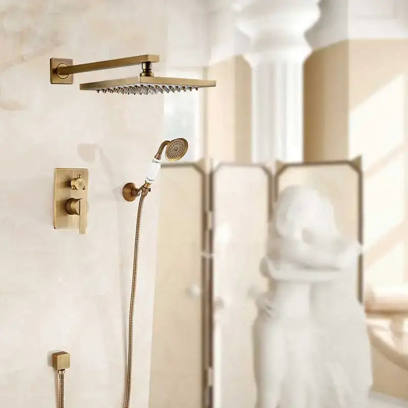 Brass-finished square 8 inch rain shower set with handheld and control valve in antique brass black finish by decorbites