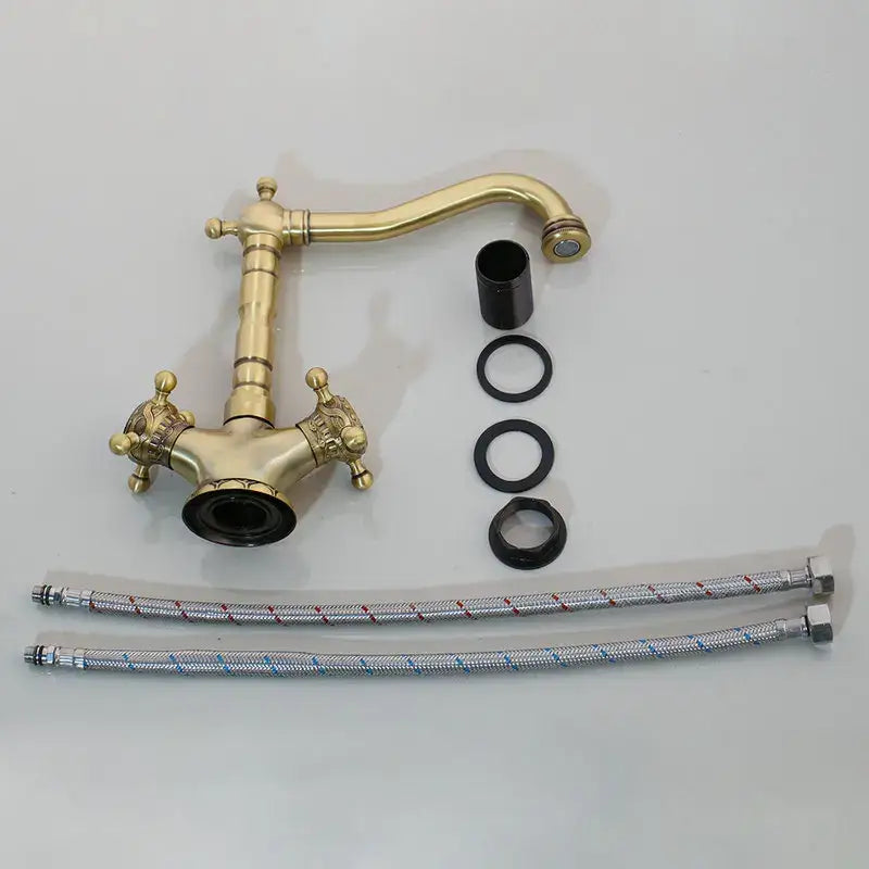 Decorbites™ antique brass carved waterfall bathroom faucet set mixer tap with brass carved ornate cross handles and braided hoses