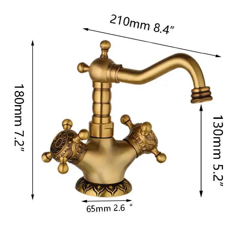 Decorbites antique brass carved two-handle bathroom faucet set with decorative knobs and brass carved waterfall spout