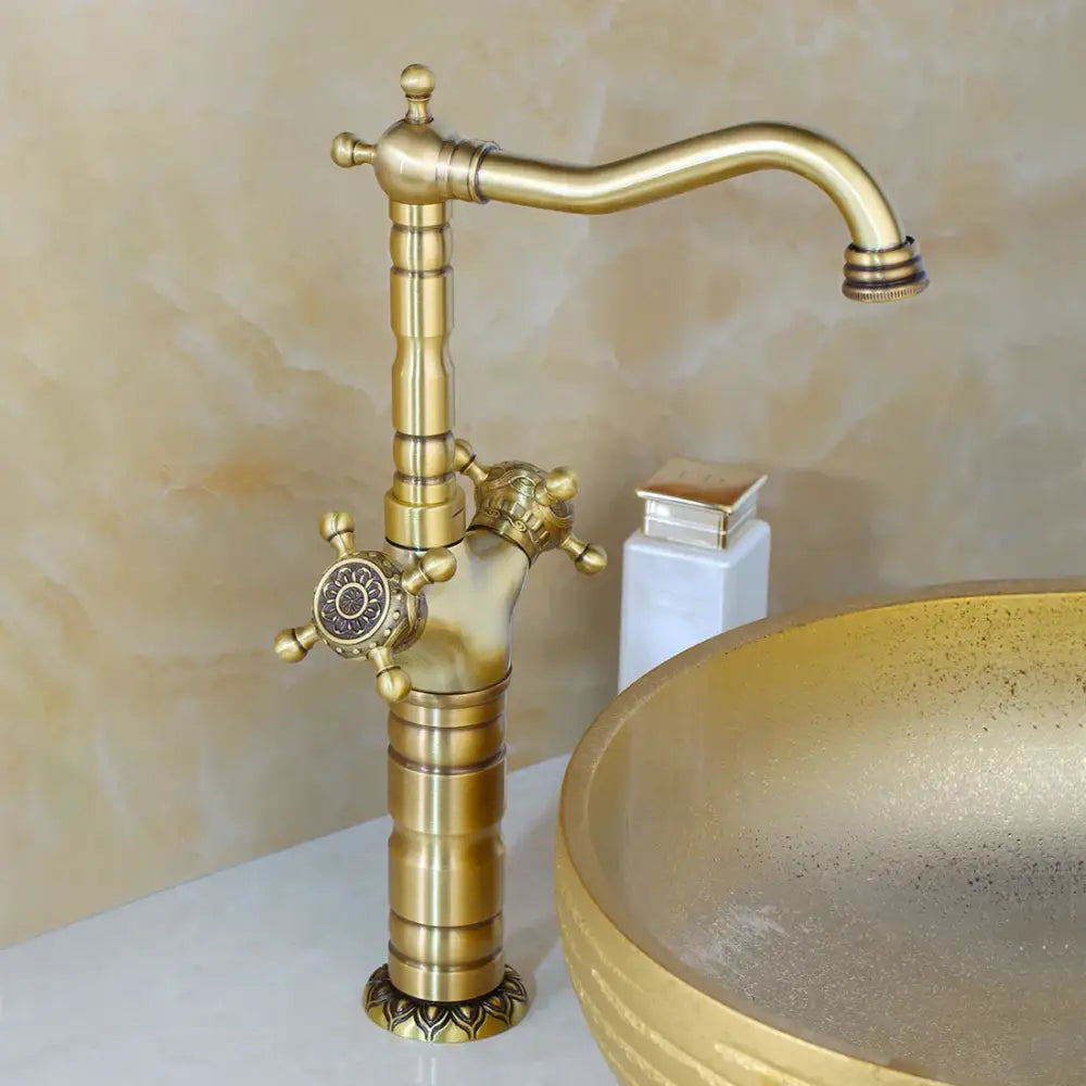 DecorBites™ antique brass carved waterfall bathroom faucet set with ornate fluted spout and brass carved handles