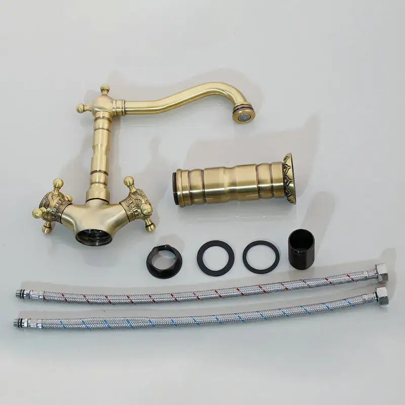 DecorBites™ antique brass carved waterfall bathroom faucet set with ornate cross handles and flexible braided hoses