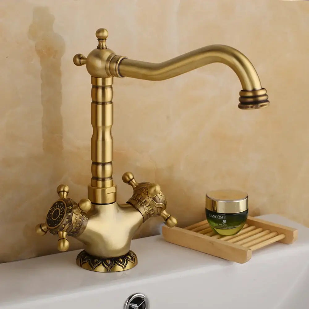 Antique brass carved waterfall bathroom faucet set mixer tap with ornate vintage design and decorative knobs by DecorBites