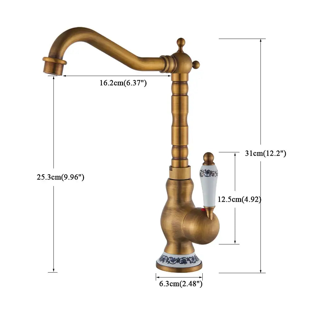Antique brass basin faucet with curved spout and blue floral antique brass ceramic handle for deck mounted kitchen sink