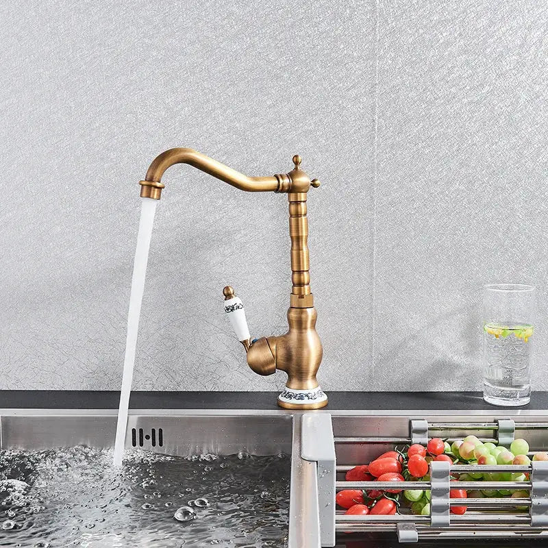 DecorBites™ antique brass ceramic handle basin faucet with curved spout for deck mounted kitchen sink mixer tap