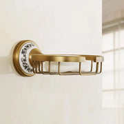 DecorBites™ antique brass ceramic soap dish with decorative white ceramic backplate and black floral patterns