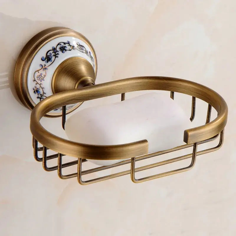 Antique brass ceramic soap dish with decorative blue floral ceramic backplate for bathroom accessories