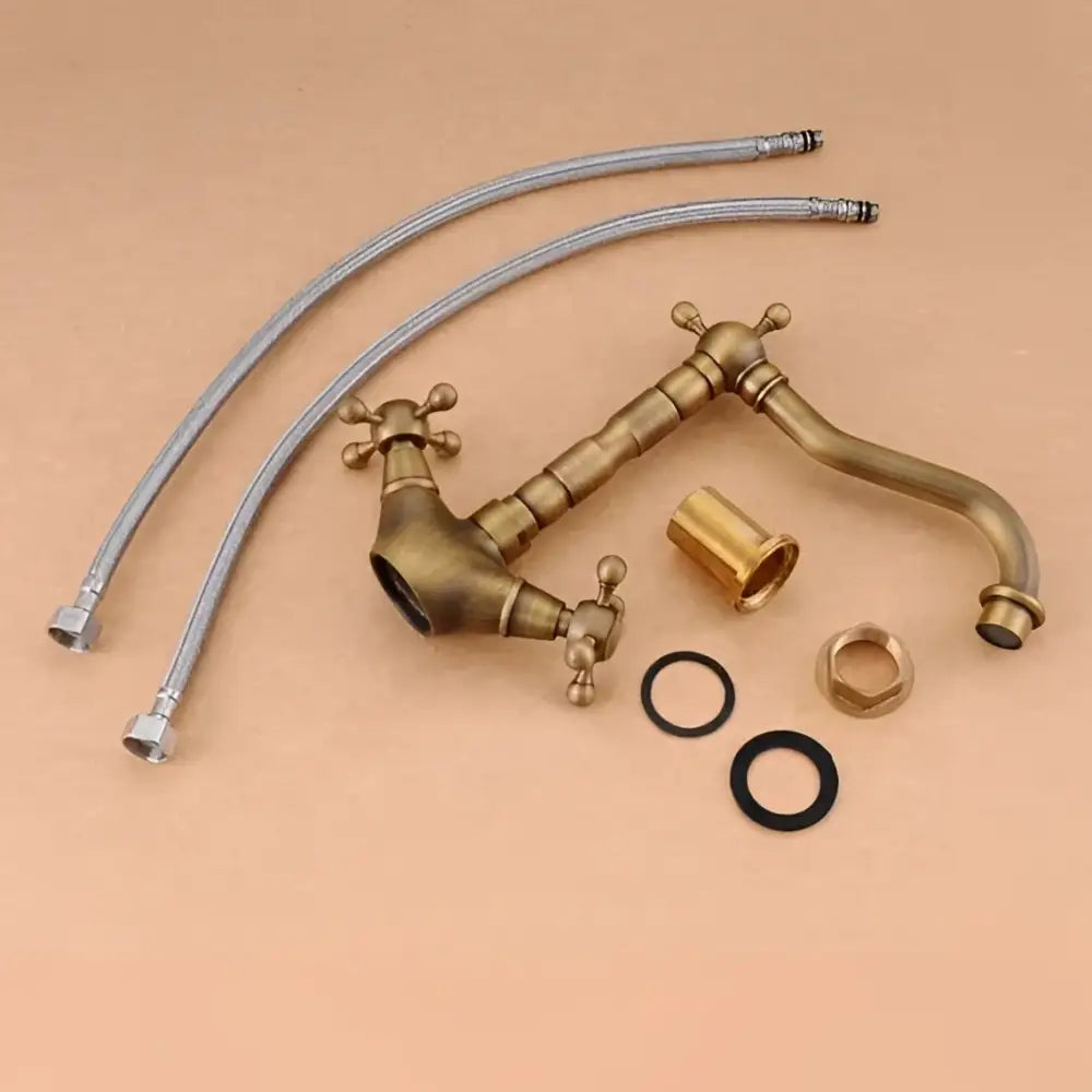 DecorBites™ antique brass double cross handle basin faucet with 360 degree swivel spout and flexible metal hoses