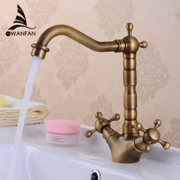 Decorbites antique brass double cross handle basin faucet with 360 degree swivel curved spout in vintage style