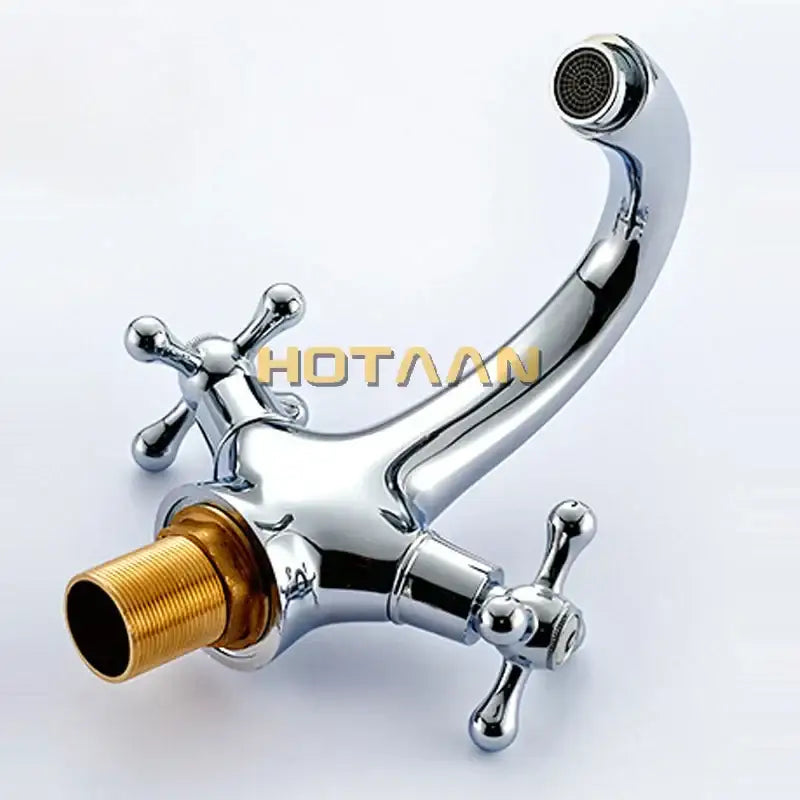 Chrome finished decorbites™ antique brass basin mixer tap with curved spout and double cross handles for kitchen and bathroom