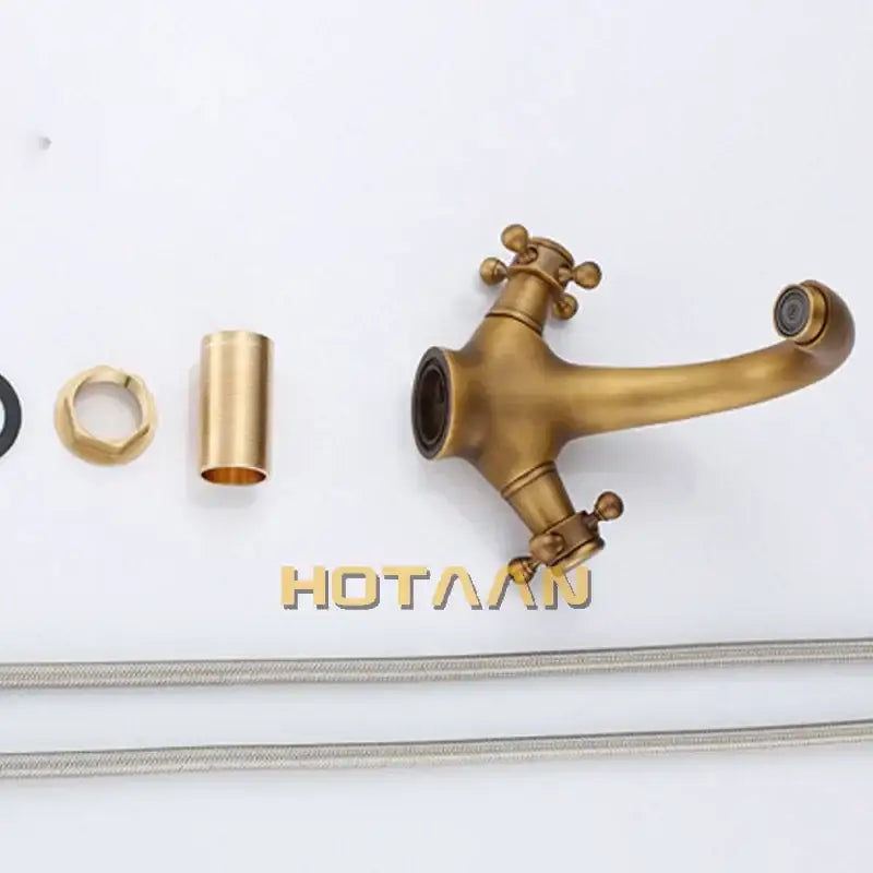 DecorBites antique brass double handle faucet with ornate cross handles and curved spout for kitchen or bathroom basin