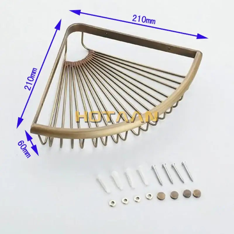 Bronze-finished metal corner shower caddy with fan-like design and spring-style wire shelves in antique brass double layer finish