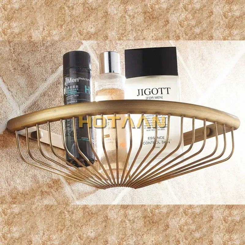 Brass double layer corner shower caddy with fan-like wire design in antique brass for bathroom organization