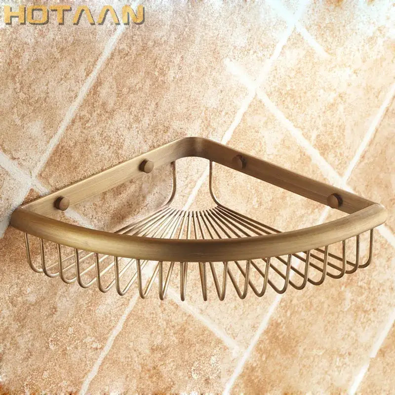 Antique brass double layer corner shower caddy with woven wire design and rounded edges by decorbites