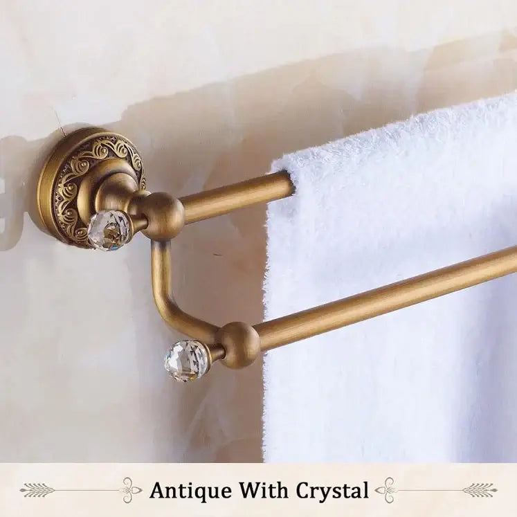 Decorbites antique brass double towel bar with crystal embellishments metal double towel rack for bathroom use