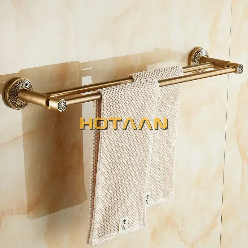 DecorBites antique brass double towel bar with ornate circular end caps made of solid aluminium bathroom accessory