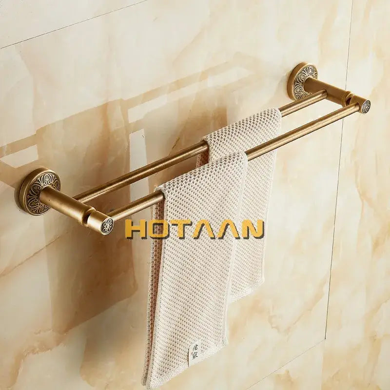 Decorbites antique brass double towel bar with ornate circular end caps solid aluminium bathroom towel holder