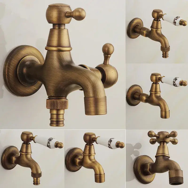 DecorBites antique brass dragon carved outdoor washing machine faucet with decorative handles and ceramic spout accents
