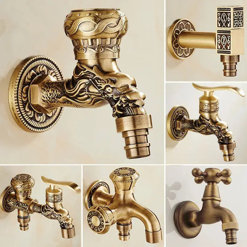 Decorbites antique brass dragon carved outdoor washing machine faucet with ornate dragon head and scrollwork detailing