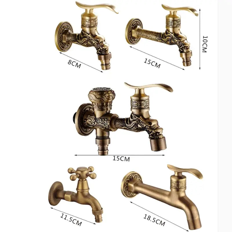 Decorbites antique brass dragon carved outdoor washing machine faucet cold tap with ornate brass finish and dragon motifs