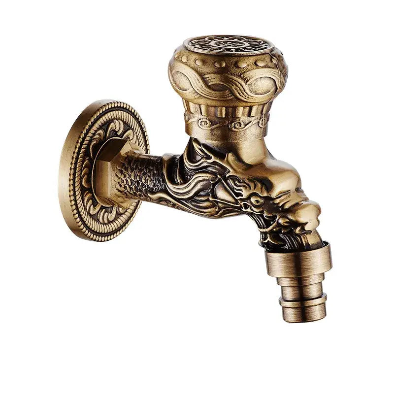 DecorBites Antique brass dragon carved outdoor washing machine faucet with intricate floral detailing on spout and plate