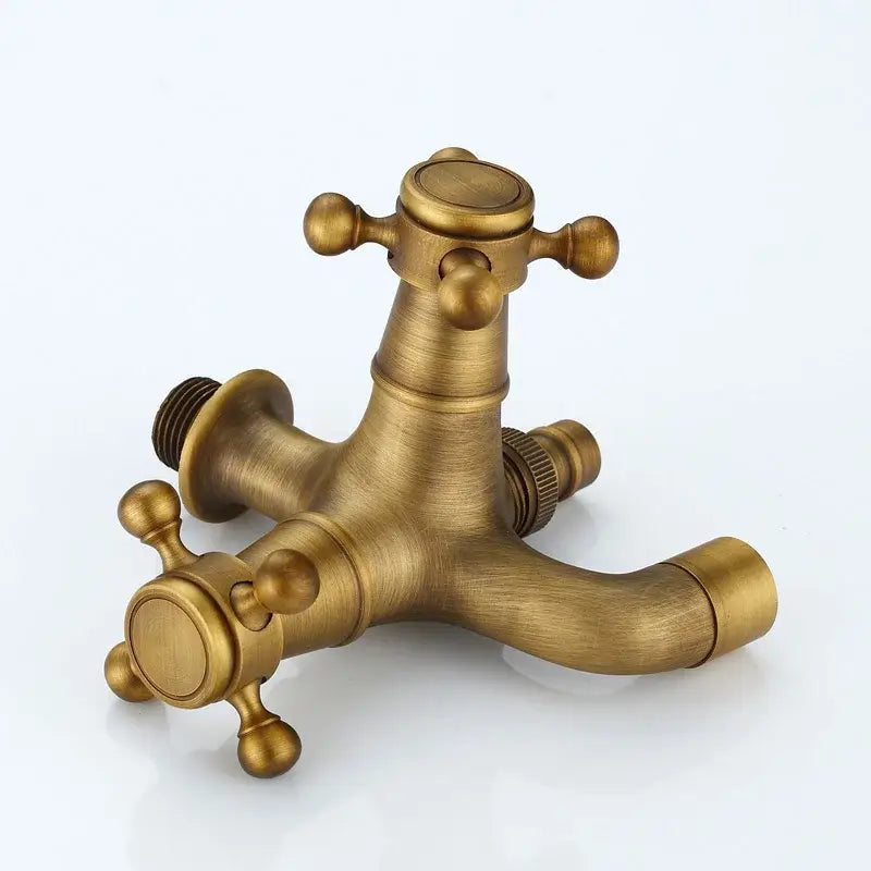 Decorbites antique brass dual cross handles wall mounted mop pool faucet with brushed metallic finish and rounded knobs