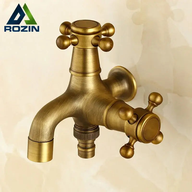 Decorbites antique brass dual cross handles wall mounted mop pool faucet with vintage dual cross handle knobs and hose connection
