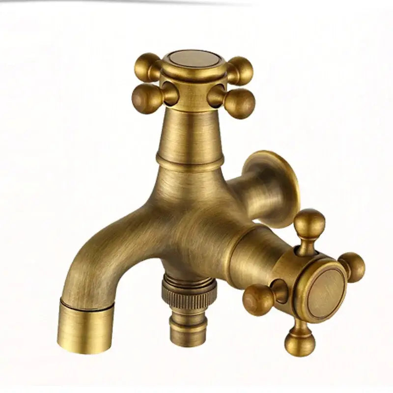 DecorBites antique brass dual cross handles wall mounted outdoor faucet with rounded knob handles and brushed finish