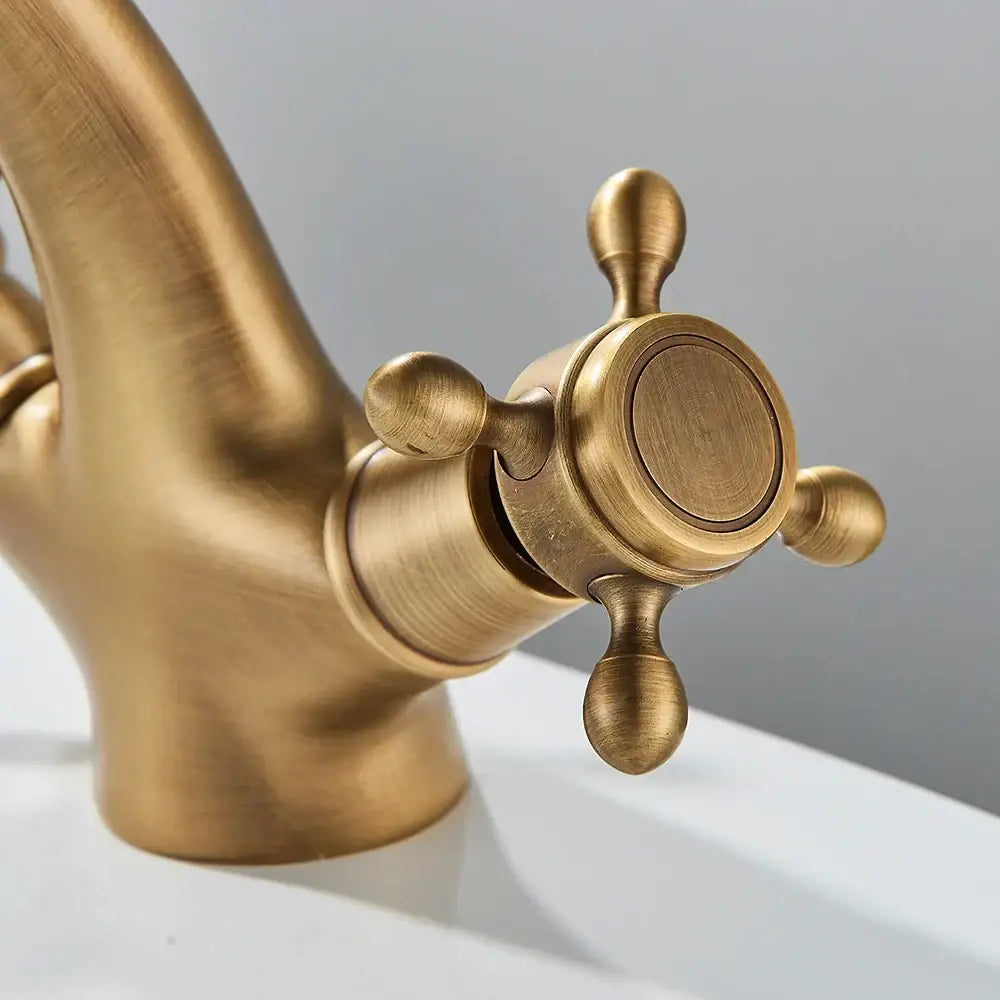 Decorbites antique brass dual handle basin faucet with four cross-shaped knobs deck mounted bathroom mixer tap