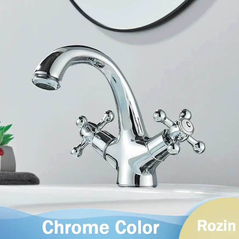 Chrome finished basin faucet with double handles and cross knobs, classic curved spout for bathroom use