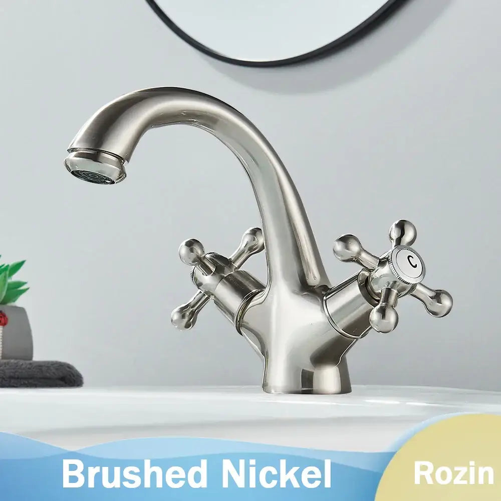 Decorbites™ antique brass dual handle basin faucet with brushed nickel rozin cross-handle design bathroom mixer tap